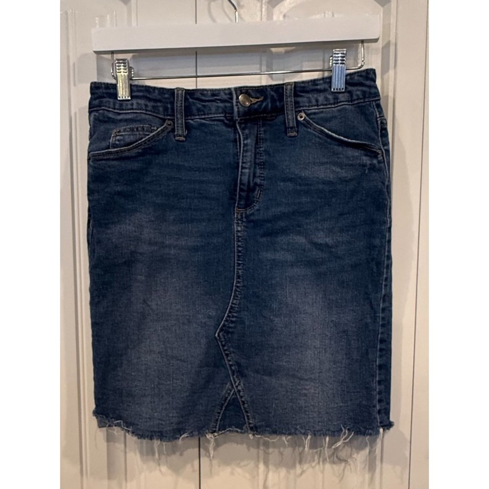 Universal Thread Skirt Womens 6 Blue Denim Midi Raw Hem Distressed Split Front
